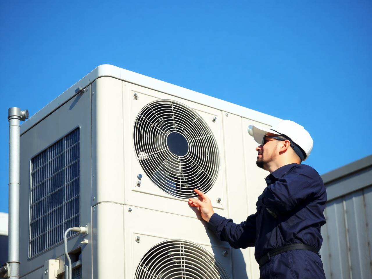 HVAC technician inspecting a rooftop air conditioning condenser