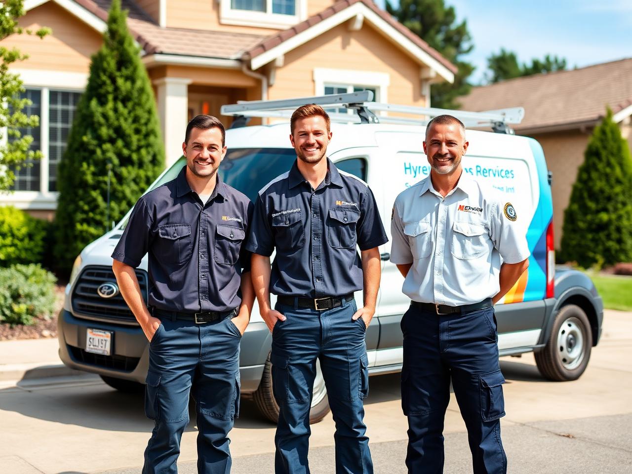 HVAC crew of three technicians in front of a service van